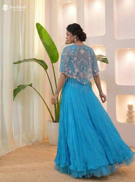 Sky Blue Indo Western Cutdana Netted Croptop With Flared Palazzo Pant