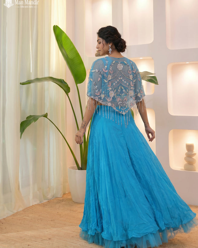 Sky Blue Indo Western Cutdana Netted Croptop With Flared Palazzo Pant
