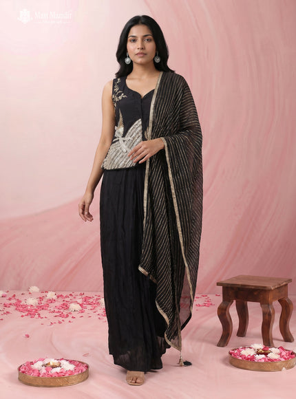 Black Raw Silk Embroidered Indo Western Top With Bleaded Skirt And Organza Dupatta