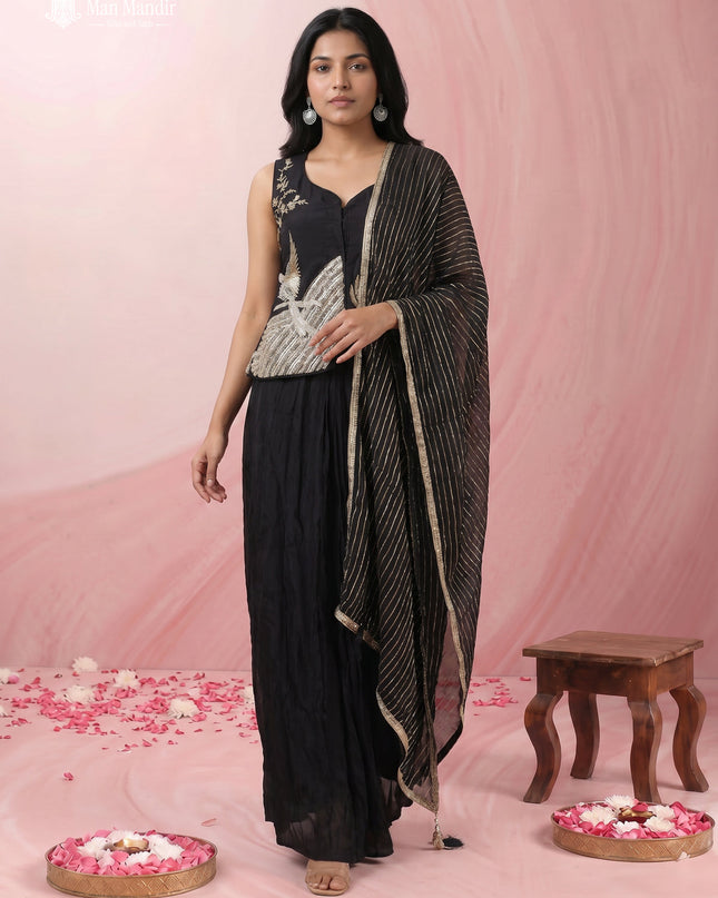 Black Raw Silk Embroidered Indo Western Top With Bleaded Skirt And Organza Dupatta