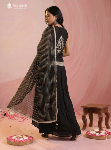 Black Raw Silk Embroidered Indo Western Top With Bleaded Skirt And Organza Dupatta