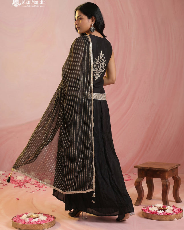 Black Raw Silk Embroidered Indo Western Top With Bleaded Skirt And Organza Dupatta