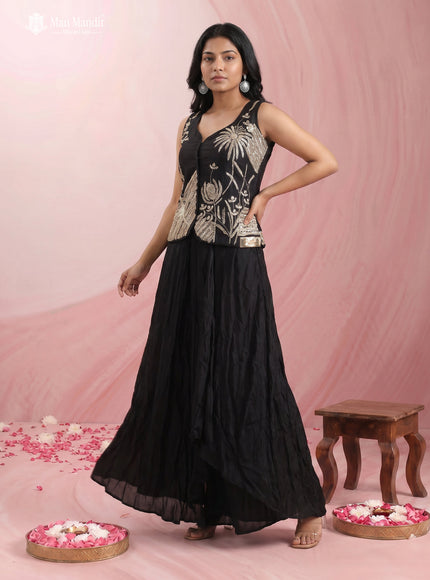 Black Raw Silk Embroidered Indo Western Top With Bleaded Skirt And Organza Dupatta