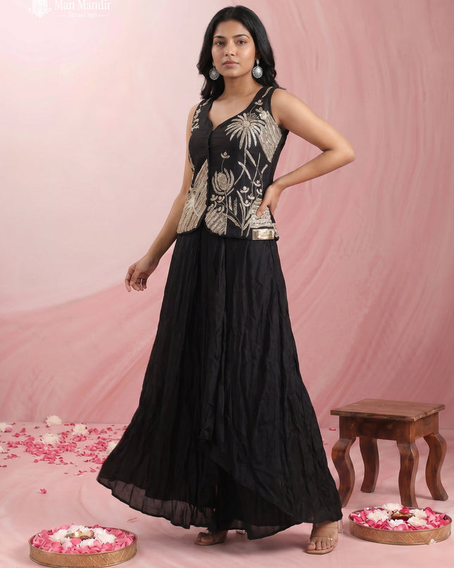 Black Raw Silk Embroidered Indo Western Top With Bleaded Skirt And Organza Dupatta