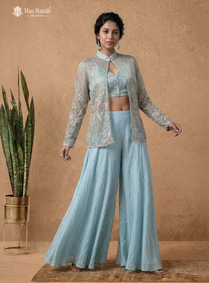 Sea Blue Netted Tissue Heavy Embroidered Jacket With Flared Palazzo Set