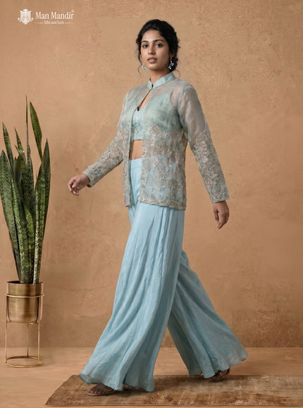 Sea Blue Netted Tissue Heavy Embroidered Jacket With Flared Palazzo Set