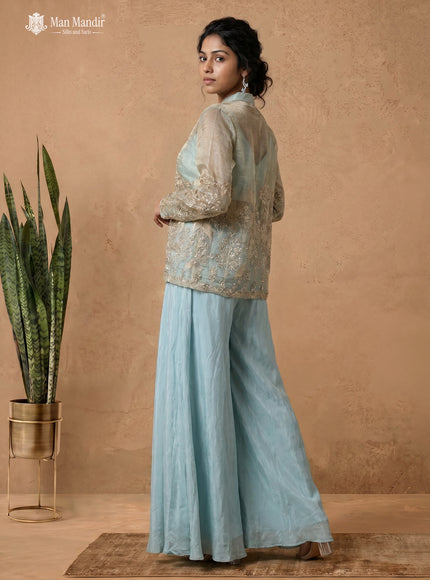 Sea Blue Netted Tissue Heavy Embroidered Jacket With Flared Palazzo Set