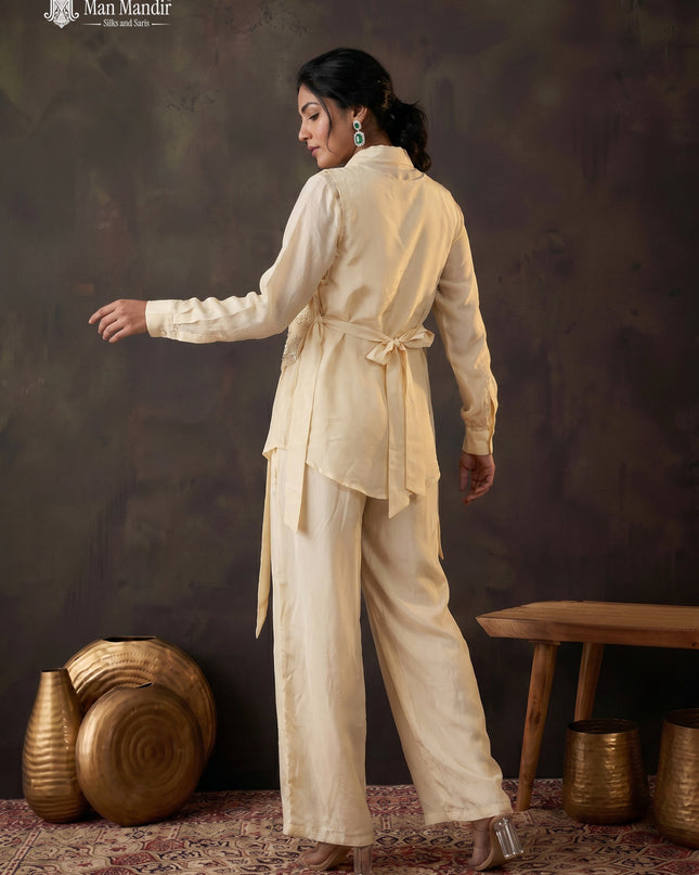 Cream Satin Beaded Crop Top With Long Sleeve Shirt & Palazzo Pant