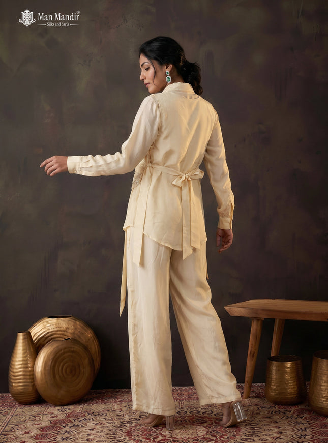 Cream Satin Beaded Crop Top With Long Sleeve Shirt & Palazzo Pant