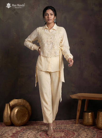 Cream Satin Beaded Crop Top With Long Sleeve Shirt & Palazzo Pant