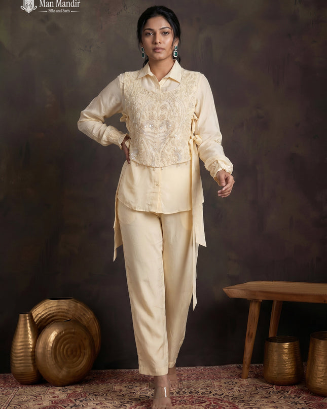 Cream Satin Beaded Crop Top With Long Sleeve Shirt & Palazzo Pant