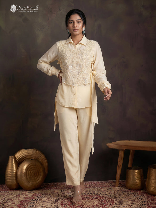 Cream Satin Beaded Crop Top With Long Sleeve Shirt & Palazzo Pant