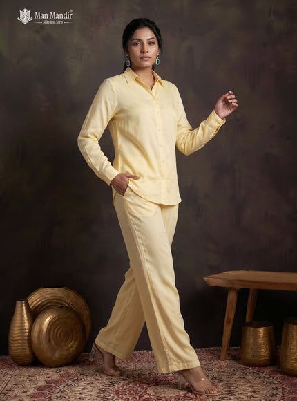Cream Satin Beaded Crop Top With Long Sleeve Shirt & Palazzo Pant