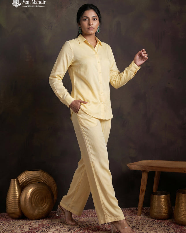 Cream Satin Beaded Crop Top With Long Sleeve Shirt & Palazzo Pant