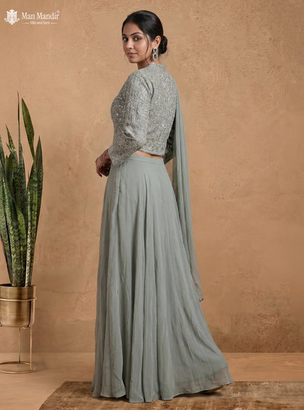 Pastel Green Georgette Embroidered Jacket And Fleard Palazzo Pant & Choker Neck Dupatta