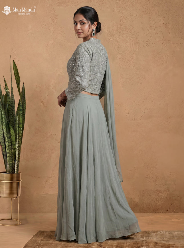 Pastel Green Georgette Embroidered Jacket And Fleard Palazzo Pant & Choker Neck Dupatta