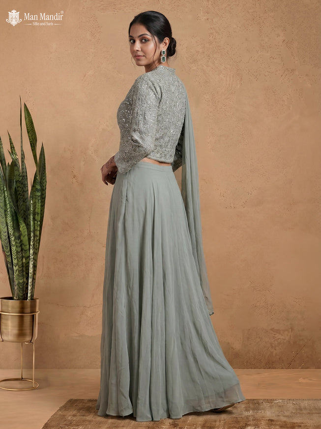 Pastel Green Georgette Embroidered Jacket And Fleard Palazzo Pant & Choker Neck Dupatta