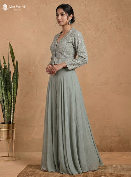 Pastel Green Georgette Embroidered Jacket And Fleard Palazzo Pant & Choker Neck Dupatta