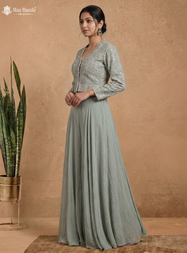 Pastel Green Georgette Embroidered Jacket And Fleard Palazzo Pant & Choker Neck Dupatta