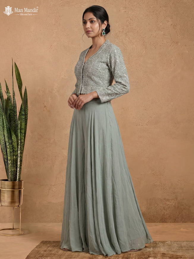 Pastel Green Georgette Embroidered Jacket And Fleard Palazzo Pant & Choker Neck Dupatta