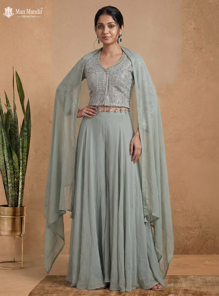 Pastel Green Georgette Embroidered Jacket And Fleard Palazzo Pant & Choker Neck Dupatta