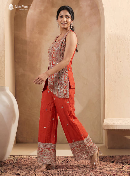 Orange Chinon Heavy Embroidered Indo Western Top & Pant With Netted Dupatta
