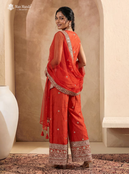 Orange Chinon Heavy Embroidered Indo Western Top & Pant With Netted Dupatta