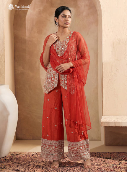 Orange Chinon Heavy Embroidered Indo Western Top & Pant With Netted Dupatta