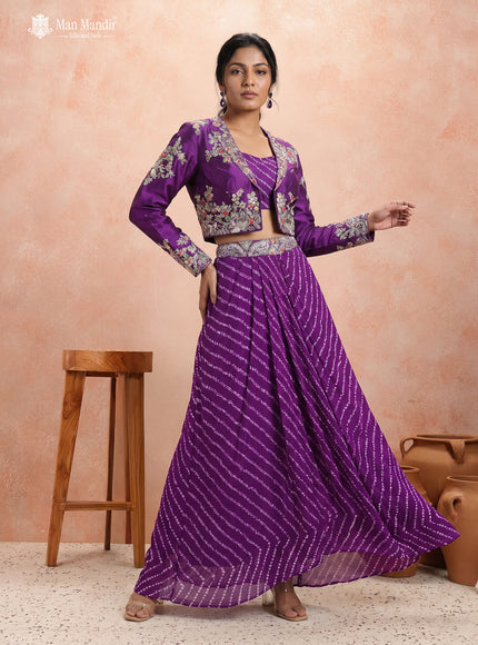 Purple Silk Georgette Embroidery Crop Top Pleated Skirt Suit