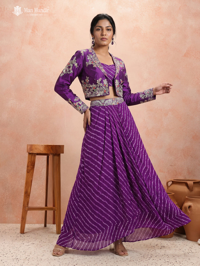 Purple Silk Georgette Embroidery Crop Top Pleated Skirt Suit