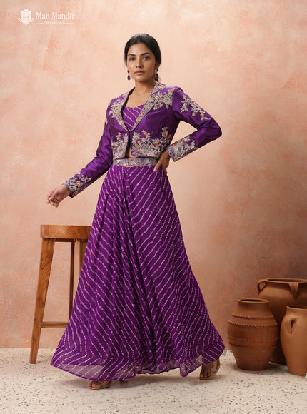Purple Silk Georgette Embroidery Crop Top Pleated Skirt Suit
