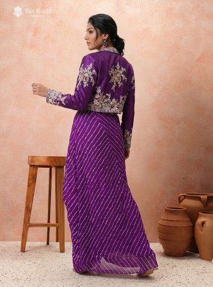 Purple Silk Georgette Embroidery Crop Top Pleated Skirt Suit