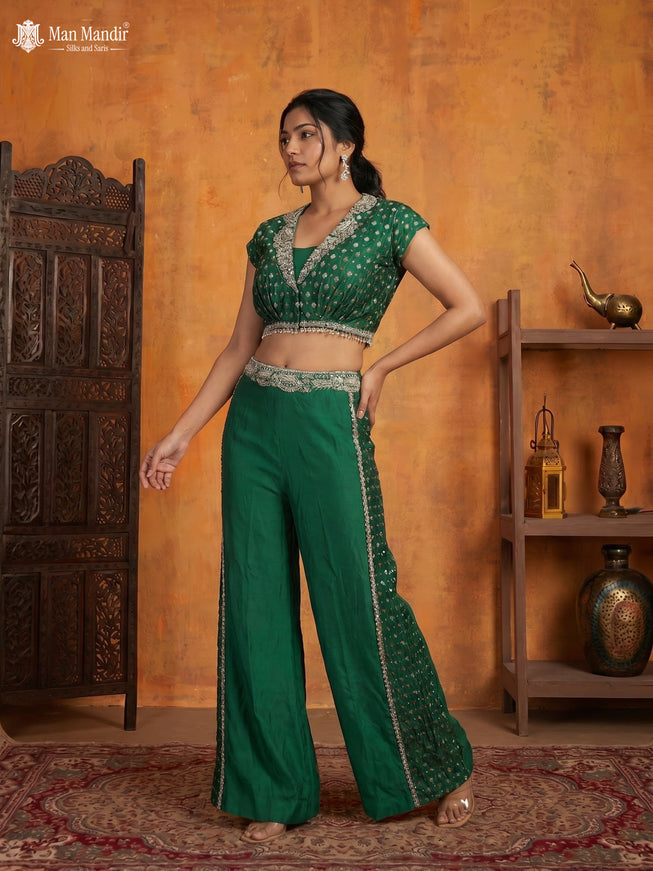 Green Chinon Heavy Embroidery Indo Western Top & Pant