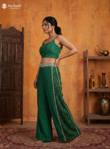 Green Chinon Heavy Embroidery Indo Western Top & Pant