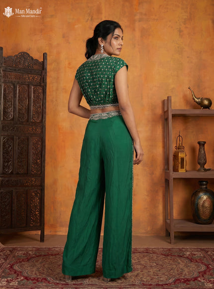 Green Chinon Heavy Embroidery Indo Western Top & Pant