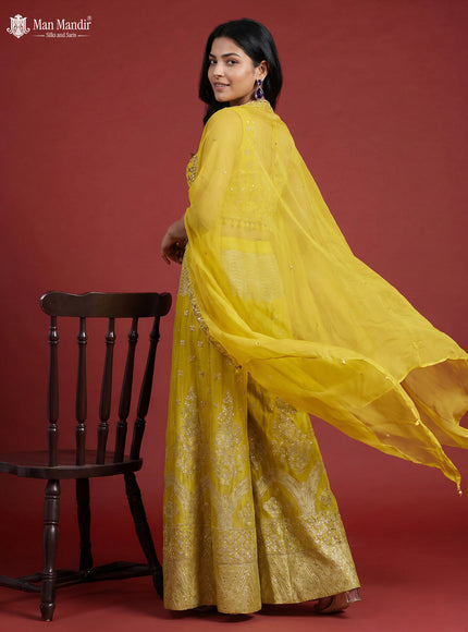 Lemon Yellow Banarasi Silk Embroidery Croptop & Cape With Palazzo Pant