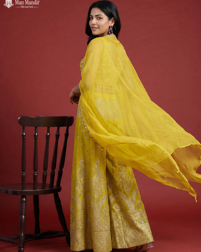 Lemon Yellow Banarasi Silk Embroidery Croptop & Cape With Palazzo Pant
