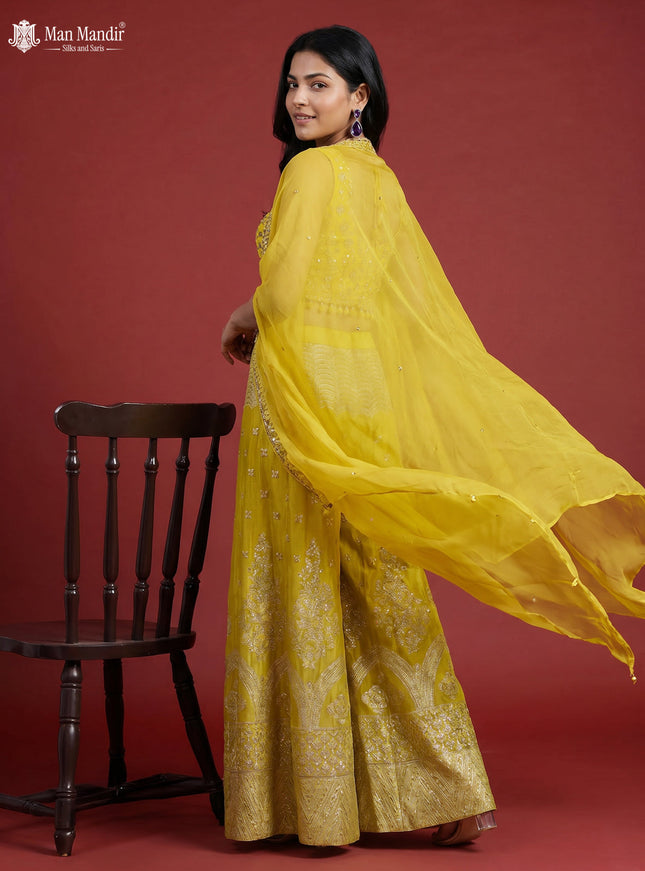 Lemon Yellow Banarasi Silk Embroidery Croptop & Cape With Palazzo Pant