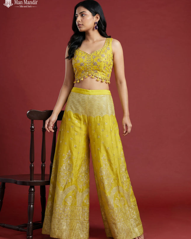 Lemon Yellow Banarasi Silk Embroidery Croptop & Cape With Palazzo Pant