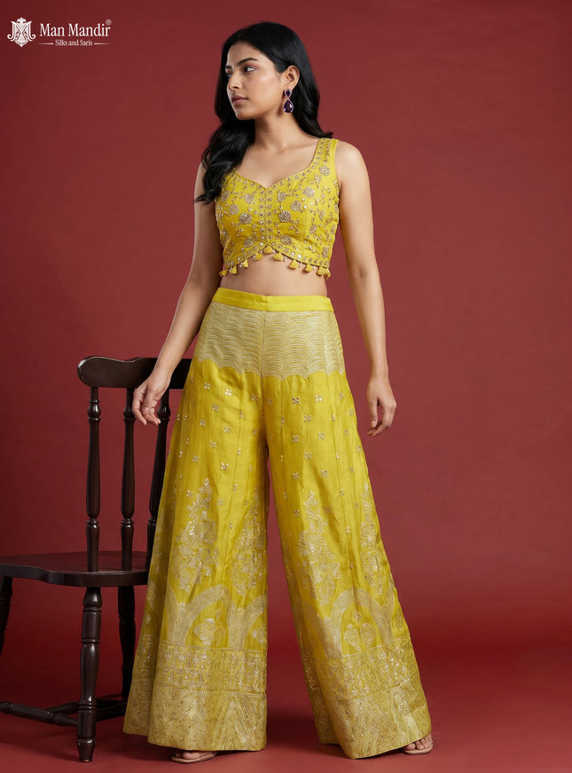 Lemon Yellow Banarasi Silk Embroidery Croptop & Cape With Palazzo Pant