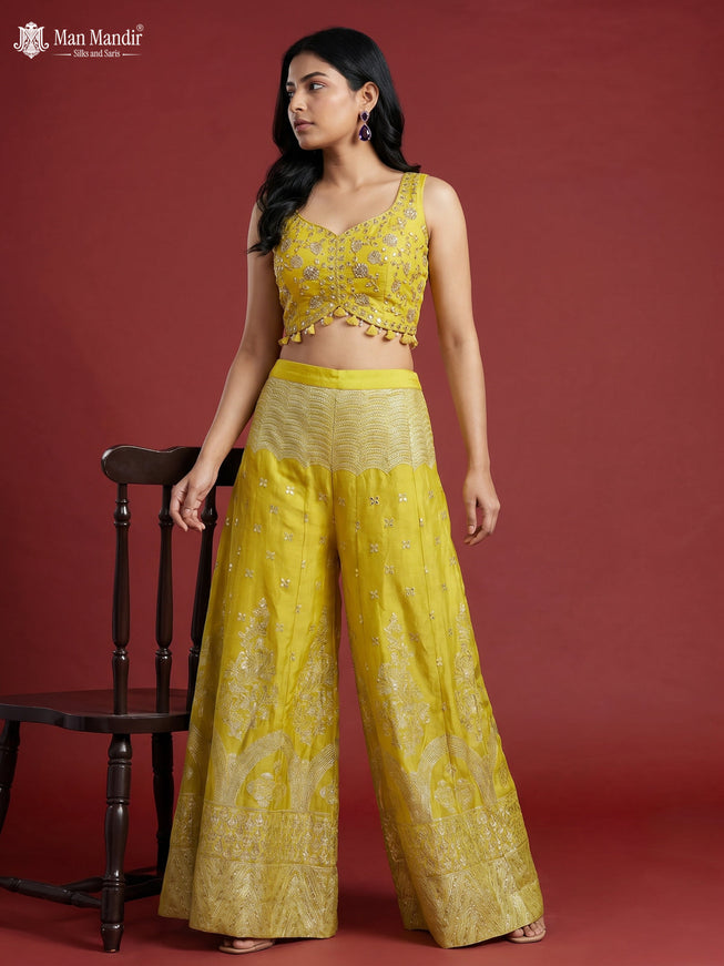 Lemon Yellow Banarasi Silk Embroidery Croptop & Cape With Palazzo Pant
