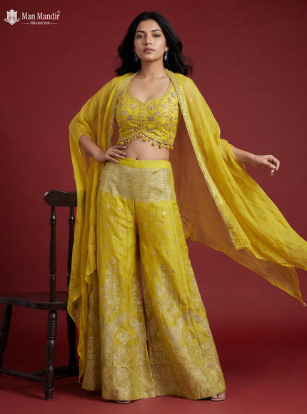Lemon Yellow Banarasi Silk Embroidery Croptop & Cape With Palazzo Pant