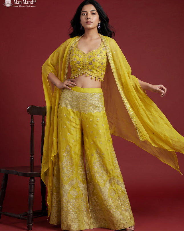 Lemon Yellow Banarasi Silk Embroidery Croptop & Cape With Palazzo Pant