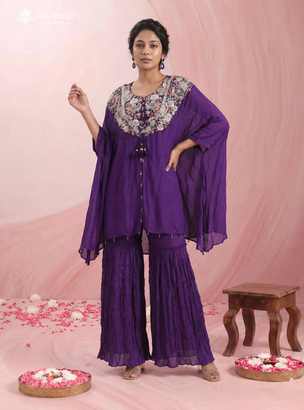 Purple Chinon Heavy Cudana Work Cape With Sharara Sutis And Pant
