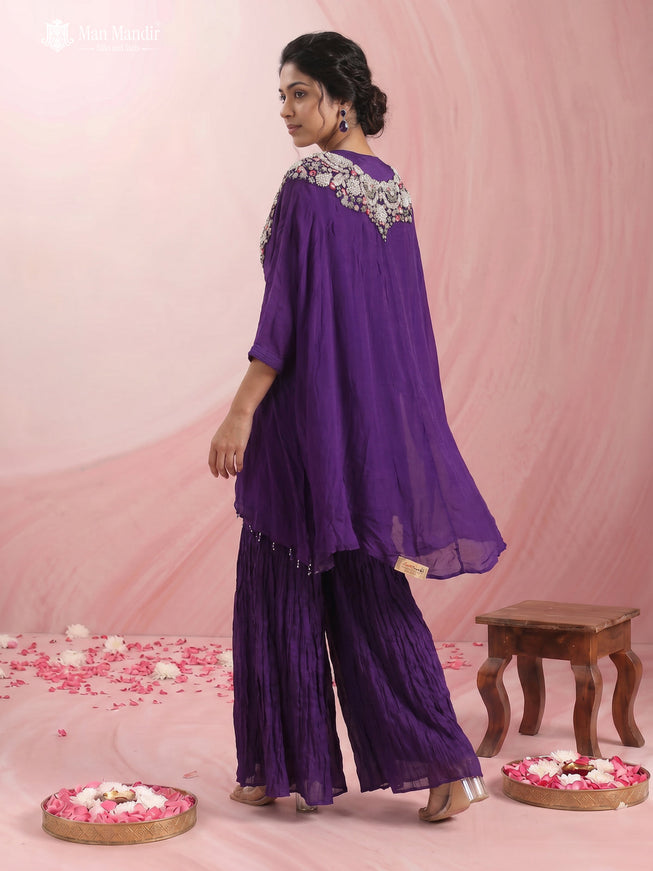 Purple Chinon Heavy Cudana Work Cape With Sharara Sutis And Pant