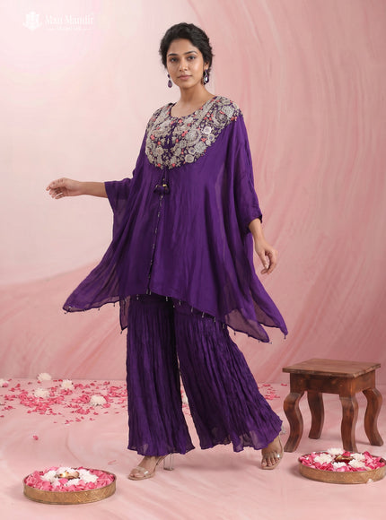 Purple Chinon Heavy Cudana Work Cape With Sharara Sutis And Pant