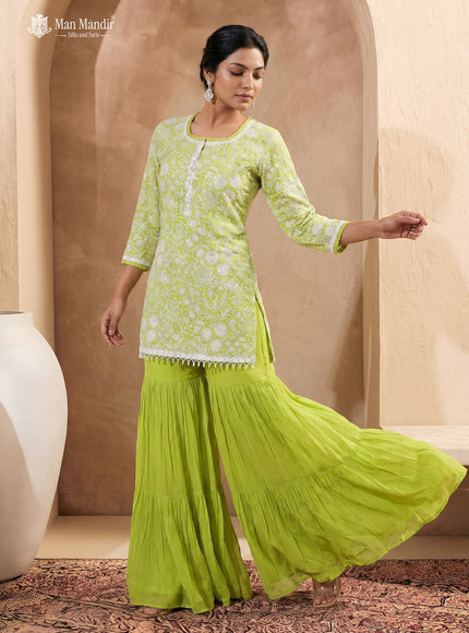 Fluorescent Green Georgette Heavy Thread Embroidered Sharara Suit With