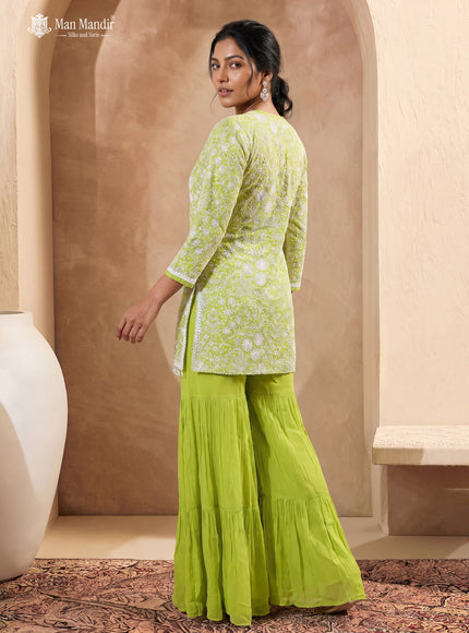 Fluorescent Green Georgette Heavy Thread Embroidered Sharara Suit With
