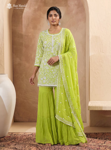 Fluorescent Green Georgette Heavy Thread Embroidered Sharara Suit With