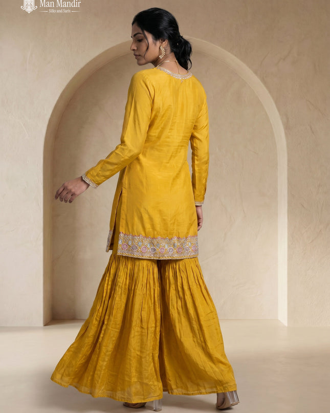 Mustard Yellow Georgette Embroidered Sharara Suit With Dupatta